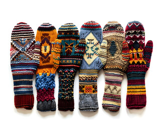 A horizontal display of six uniquely patterned and colorful knitted mittens, laid out on a clean white background