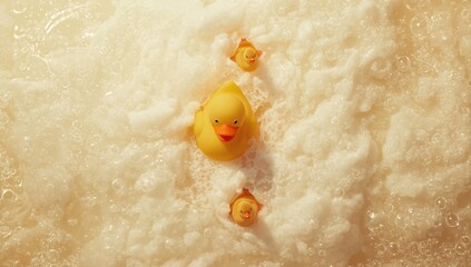 Rubber duck with three ducklings amid foam, highlighting family bonding in bath time, International Children's Day