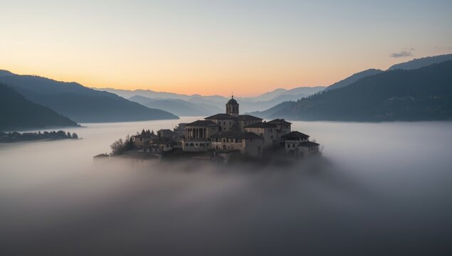 Aerial view of Sighnaghi&acirc;&euro;&trade;s foggy sunrise over a traditional village, landscape with buildings and sky, travel and sightseeing focus