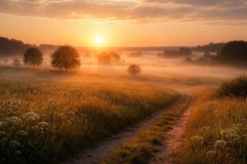 Fototapeta premium Soft glowing summer dawn with thin fog across open countryside