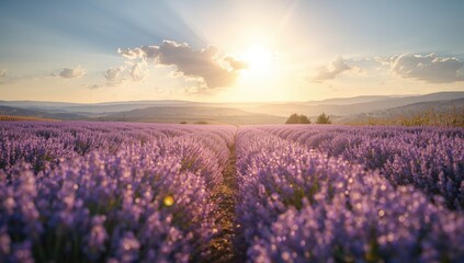 Fototapeta premium Sunlit lavender flowers in a field, ideal as a natural backdrop for visual layouts