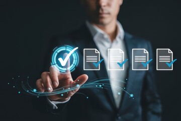 Businessman interacting with digital checklist on futuristic interface