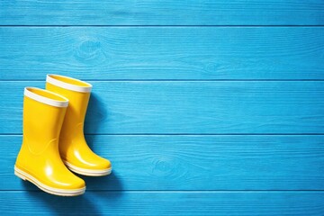 Yellow rubber boots on vibrant blue wooden texture with generous copy space for text