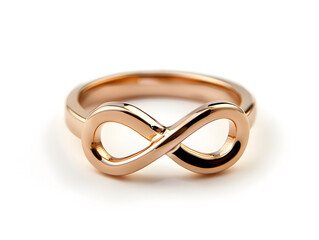 A shimmering rose gold infinity symbol ring stands elegantly on a pristine white surface, symbolizing eternal love or endless possibilities