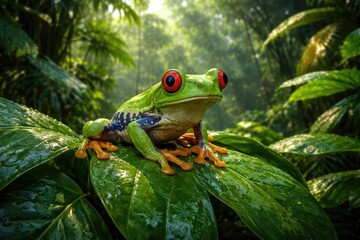 Tropical frog perched on thick leafy rainforest canopy