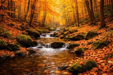 Tranquil brook amidst autumnal woods with bright leaf cover
