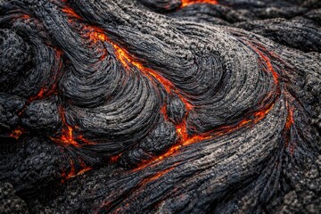 Detailed view of volcanic lava rock texture with swirling patterns and ash deposits