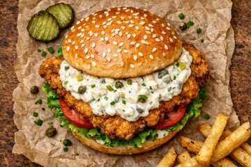 Savory chicken burger topped with tangy tartar sauce captured from above