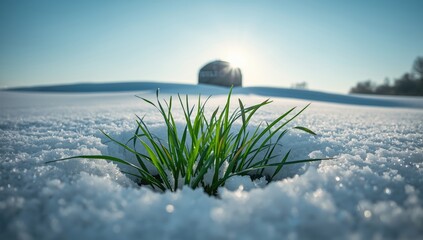 Snow-covered golf course with emerging grass and a distant bush, emphasizing seasonal change, Hello spring, Goodbye winter