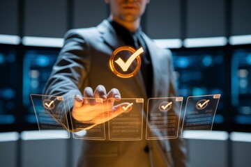 Businessman interacting with futuristic interface in modern office