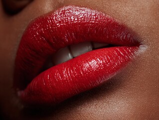 Obraz premium Close-up of Glossy Red Lips on Dark Skin Capturing the Essence of Bold Beauty and Elegance