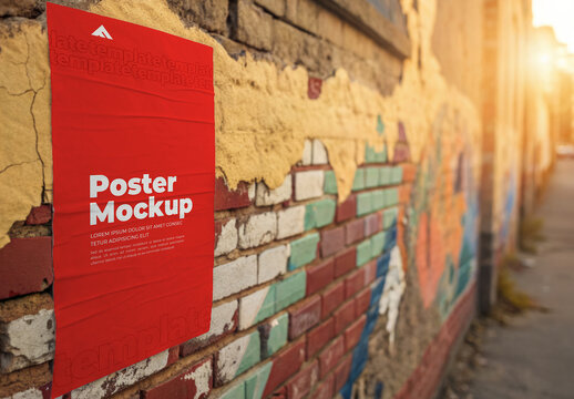 Poster Mockup on Brick Wall with Barbed Wire for Gritty Urban Advertising