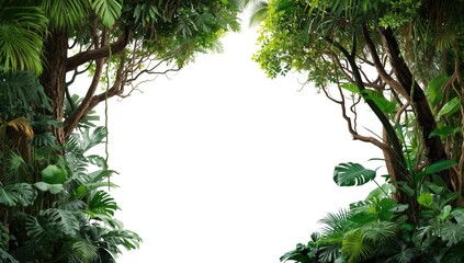 Dense jungle trees and vibrant rainforest plants, serving as a background for ecological awareness