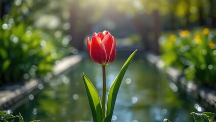 Flower in a natural water garden scene, springtime foliage highlighting seasonal renewal