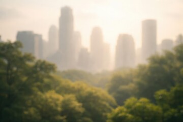 Out of focus treetops and skyscrapers under hazy light