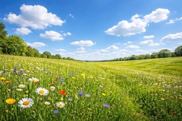 Bright summer meadow with vibrant grass and white clouds under a clear blue sky