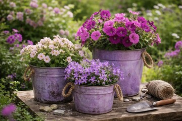Rustic purple tin pots filled with blossoming flowers in garden setting