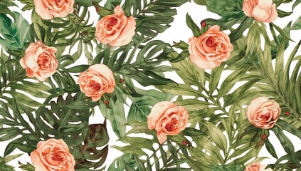 Tropical botanical pattern with hand-drawn leaves and flowers, suitable as a background or wallpaper design