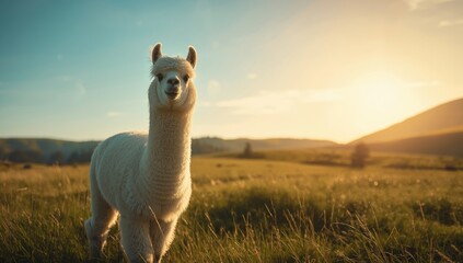 Obraz premium Alpaca with blue sky background, livestock grazing in a rural setting, World Animal Day