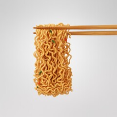 Instant noodles held by wooden chopsticks against a plain background ramen food