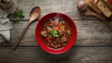Meat and vegetable goulash cooked with paprika and spices, designed for culinary articles or recipe guides