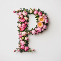 Letter P formed by pink peonies and green leaves alphabet floral letter peony