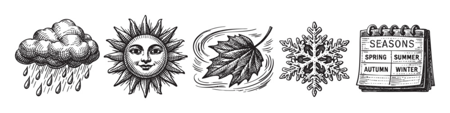 This vintage style illustration displays five distinct icons representing the seasons and weather, including a rain cloud, a sun face, a falling leaf, a snowflake, and a calendar of seasons.