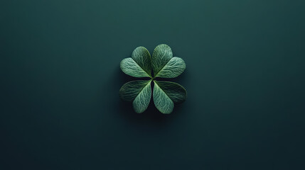 A beautifully arranged four leaf clover on a dark green background, representing luck and the spirit of St. Patrick's Day.