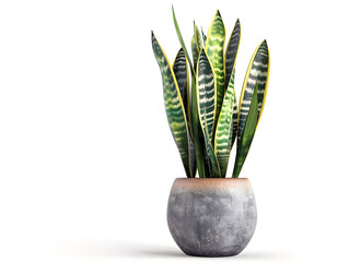 A vibrant snake plant with striking yellow and green leaves sits in a textured concrete pot against a pristine white background