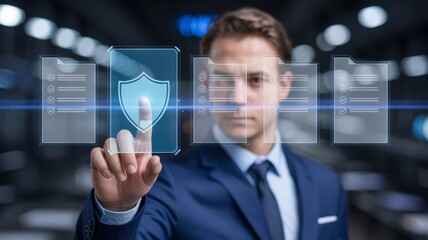 Businessman protecting data with secure digital shield