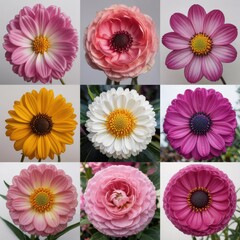 Nine colorful flowers arranged in a grid pattern floral bloom blossom petal