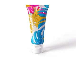 A vibrant tropical-themed cosmetic tube stands upright against a clean white background showcasing a colorful pattern