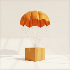 Orange parachute descends with a brown cardboard shipping box delivery logistics