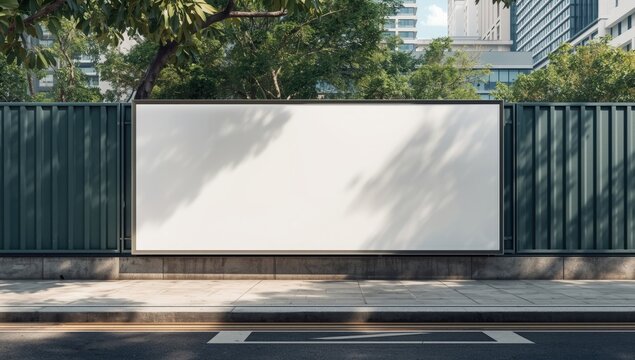 Street-front view of a large white advertising billboard attached to a concrete fence beside the sidewalk