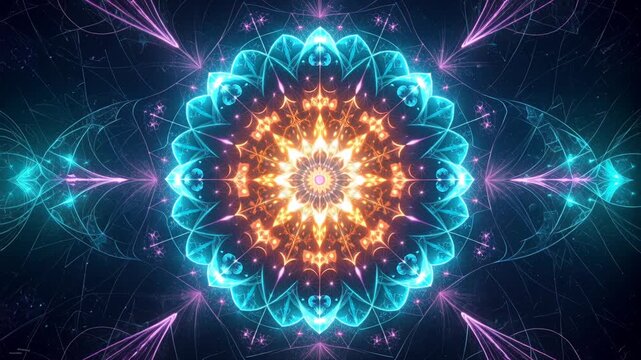 Neon floral fractal art expanding with teal and pink glowing light.
