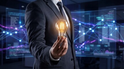 Business professional holding glowing lightbulb symbolizing innovation and technology ideas in modern office
