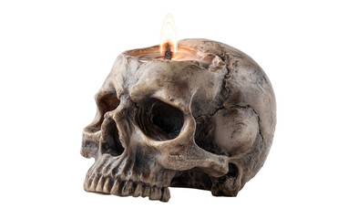 Expressive skull emoji illustration with tiny candle representing darkness, ritual, and eerie atmosphere isolated on transparent background PNG