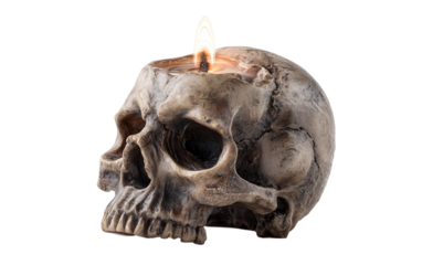 Expressive skull emoji illustration with tiny candle representing darkness, ritual, and eerie atmosphere isolated on transparent background PNG