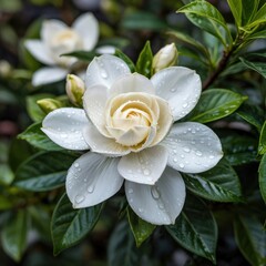 Pristine white gardenia flower with water droplets on petals white flower fresh