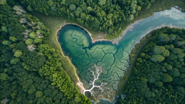 A captivating aerial view of a heart-shaped lagoon embraced by lush green forest