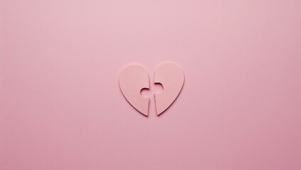 Heart-shaped jigsaw puzzle with two pieces separated on pink background, illustrating divorce and emotional strain, mental health focus