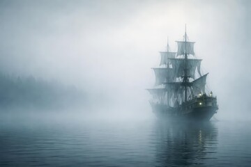 Ghost pirate ship drifting silently in morning mist with broad copyspace for text
