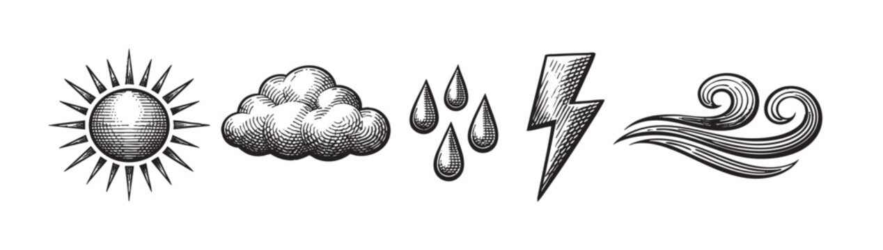 A set of five distinct weather elements rendered in a vintage woodcut style, featuring the sun, a cloud, rain drops, a lightning bolt, and wind swirls on a white background.