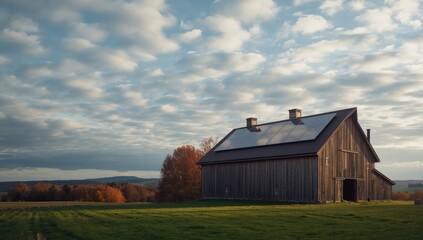Obraz premium Barn with solar panel array on its roof in a countryside landscape, highlighting sustainable energy practices