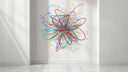 Child's scribbles on white wall, used as a creative space for early childhood art projects