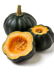 Acorn squash whole and cut open on white background