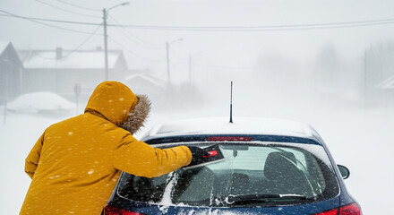 Person in yellow coat scraping ice from car rear window during heavy winter blizzard. Driver cleaning snow off vehicle in storm