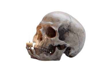 Cute skull emoji design with miniature candle symbolizing supernatural, mystical, and spooky expression isolated on transparent background PNG