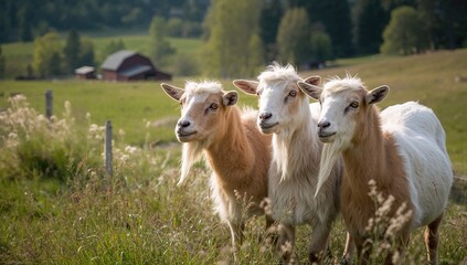 Fototapeta premium Guernsey goats grazing in a meadow, illustrating traditional animal husbandry
