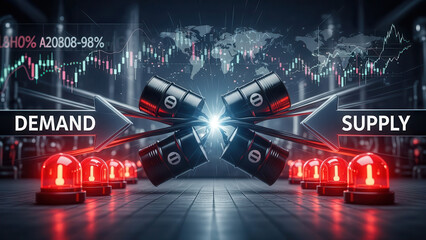 Oil barrels balancing demand and supply with red alert lights